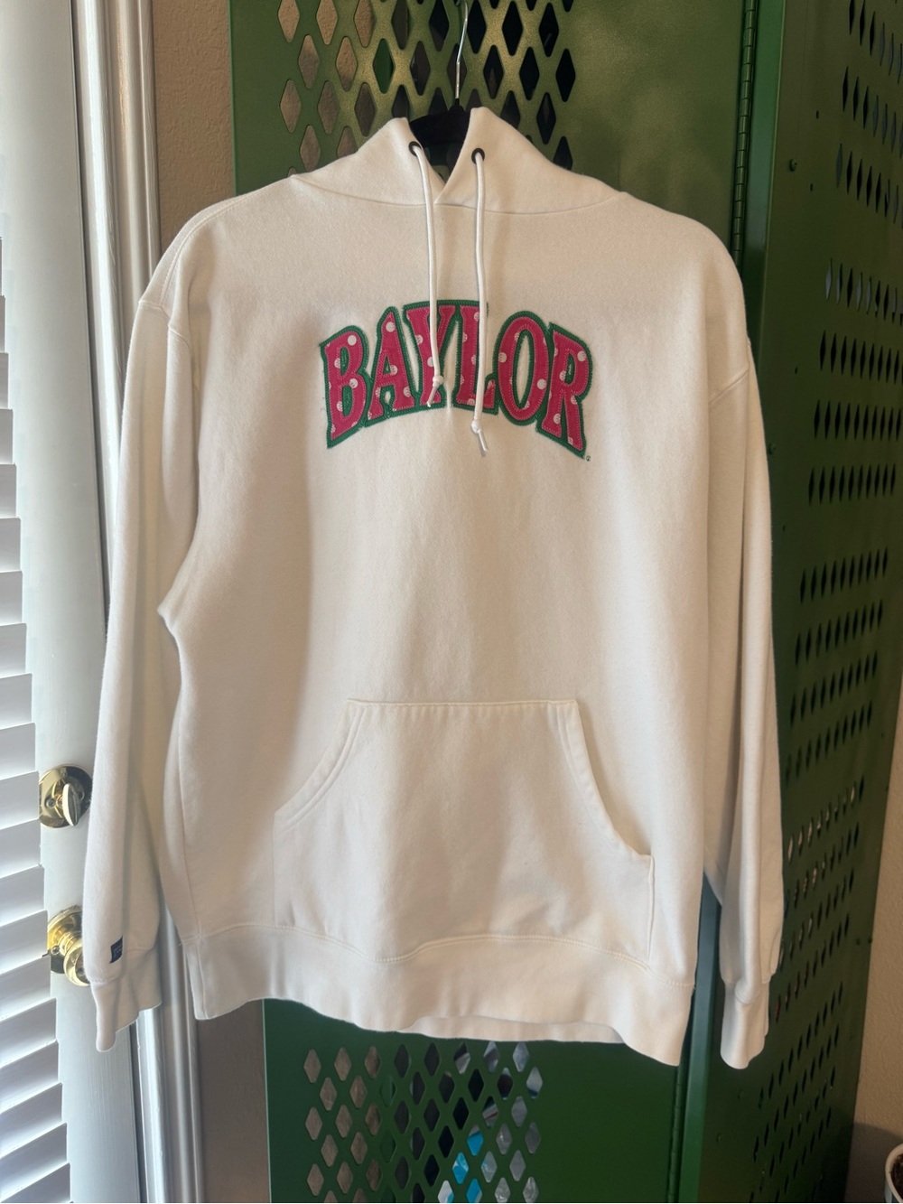 Vintage Jansport Women’s Baylor Pink and Green Polka Dot White Hoodie